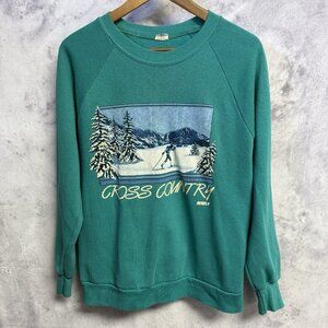 Vintage 90s Cross Country Skiing Sweatshirt Green Crew Neck Green Adult Large